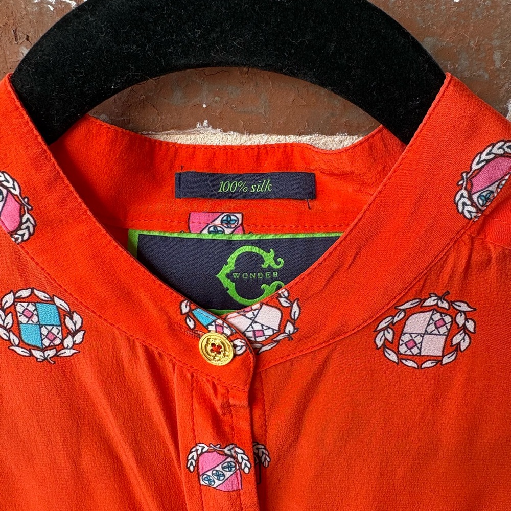 C. Wonder 100% Silk Orange Red Crest Blouse Size Small - Picture 5 of 11